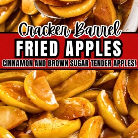 Fried apples in a bowl with a spoon scooping out a serving of sweet apples.