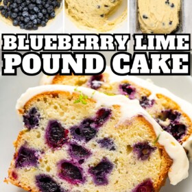 Blueberries and lime zest being stirred into cream cheese pound cake batter, being poured into a loaf pan and a slice of lime blueberry pound cake on a plate.