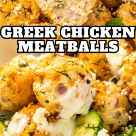 Greek chicken meatballs in a bowl with tzatziki and one Greek meatball cut in half.
