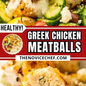 Greek chicken meatballs in a bowl with rice, veggies and fresh tzatziki.