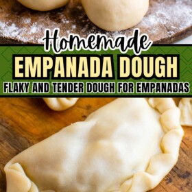 Empanada dough balls and empanada dough wrapped around filling and folded.