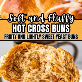 Hot cross buns in a baking dish and a bun torn in half to show the fluffy inside.