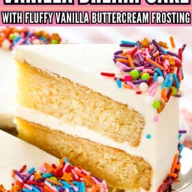 A slice of vanilla dream cake with rainbow sprinkles.