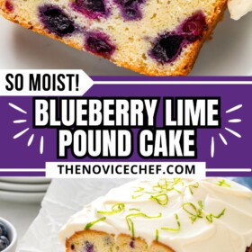 A blueberry pound cake with lime zest being sliced into pieces and served on a plate.