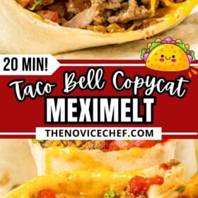 Taco Bell meximelt copycat recipe with tortillas stuffed with cheese and beef and cut in half to show the inside.