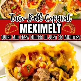 Taco Bell meximelt cut in half to show the melty cheese and beef inside and more meximelts stacked on a plate with the cut side up.