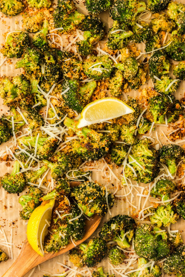 Roasted broccoli in the baking sheet. 