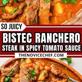 Strips of ranchero steak cooked in a spicy tomato sauce and topped with fresh cilantro.