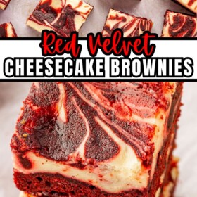 Red velvet brownies with cream cheese swirls cut into squares and stacked on top of each other.