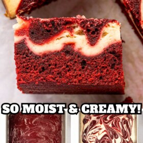 Red velvet cheesecake brownies being swirled with cream cheese and then baked and cut into squares.
