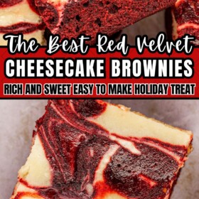 Red velvet cheesecake brownies cut into squares with one brownie turned on its' side.
