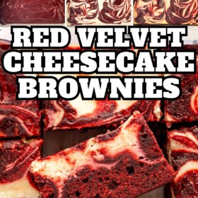 Red velvet brownies swirled with cheesecake cut into squares and turned on their side.