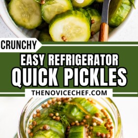 A jar of refrigerator pickles with a bowl full of pickles and a fork picking up a garlic dill pickle.