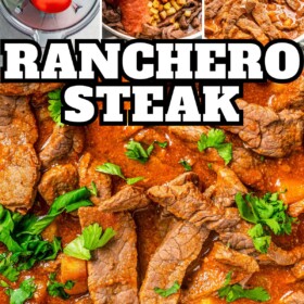 A blender filled with ranchero sauce ingredients, sauce being poured over strips of steak and cubed potatoes and ranchero steak in a skillet.