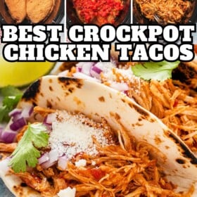 Chicken breasts in a slow cooker, seasoned, topped with rotel and then shredded to create crockpot chicken tacos served in flour tortillas.
