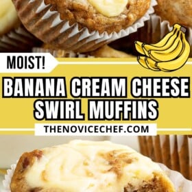 Cream cheese banana muffins baked and stacked on top of each other with a bite taken out of one muffin.