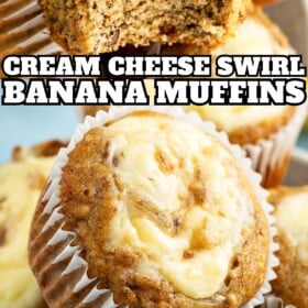 Banana muffins with cream cheese swirled into the top.