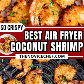 Crispy coconut shrimp in air fryer basket and golden brown coconut shrimp on a plate topped with fresh parsley.