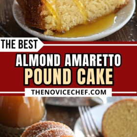 Amaretto almond pound cake sliced and served on a plate with powdered sugar and a drizzle of buttery sauce.