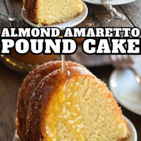 A slice of almond pound cake on a plate with amaretto sauce being poured on top.