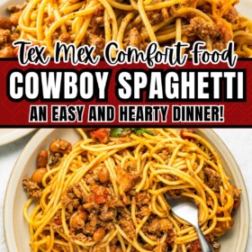A plate of cowboy spaghetti topped with cilantro and a fork twirling the pasta ready to take a bite.