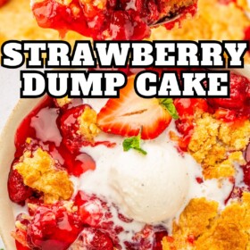 A serving spoon scooping out a serving of strawberry dump cake and a bowl of warm strawberry cake with a scoop of vanilla ice cream on top.