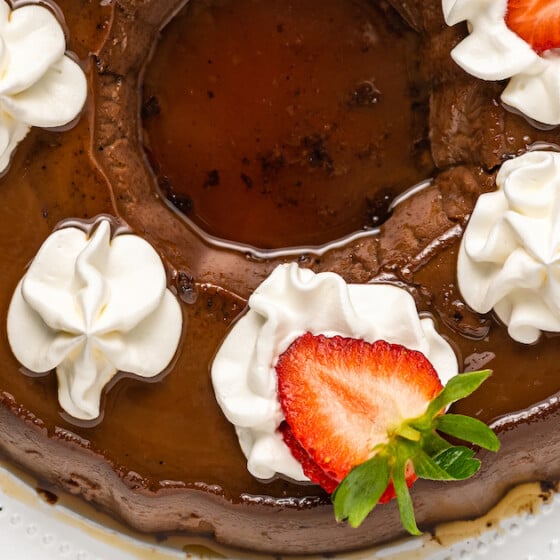 Landscape photo of chocolate flan.