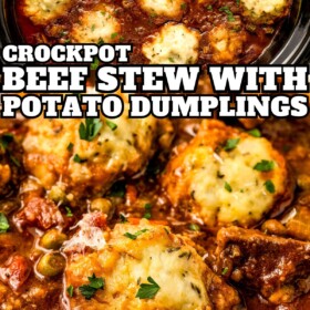 A bowl of crockpot beef stew with dumplings and a serving in a bowl topped with fresh parsley.