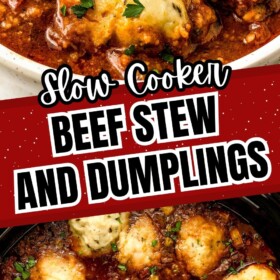 Beef stew with dumplings in a bowl and cooked in a crockpot.