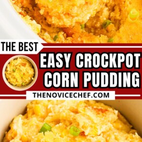 A wooden spoon scooping out a serving of crockpot corn casserole out of a slow cooker and a bowl of sweet corn pudding with sliced green onions on top.
