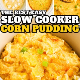 Uncooked corn pudding in a crockpot with cubed cream cheese on top, corn casserole cooked in a crockpot and a bowl of crockpot corn pudding with green onions on top.