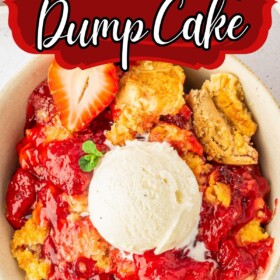 A bowl of warm strawberry dump cake with vanilla ice cream on top.
