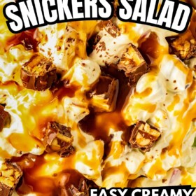 Caramel apple snickers salad in a bowl with caramel and snickers sprinkled on top.