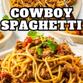 Cowboy Spaghetti on a plate with a fork taking a bite.