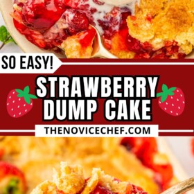 A bowl of strawberry dump cake with a scoop of vanilla ice cream on top and a spoon scooping out a serving of the cake.