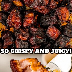 A platter of juicy pork belly burnt ends with a fork with a bite of pork belly bit in half to show the juicy center.
