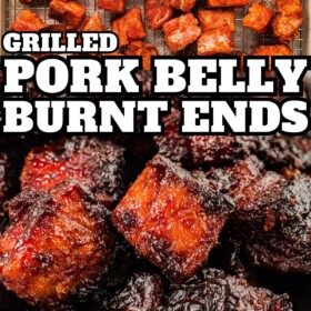 Pork belly coated in seasonings and grilled pork belly burnt ends on a plate.