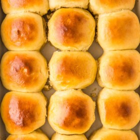 Homemade Hawaiian rolls baked in a casserole dish.