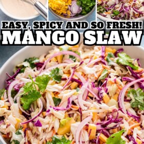 Mango slaw being prepared and served in a bowl.