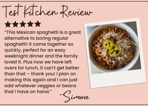 A review for Mexican spaghetti appears beside a photo of spaghetti topped with sliced jalapeños in a white bowl. The text describes Mexican spaghetti as a flavorful, easy, and versatile meal, praised by the reviewer, Simone.