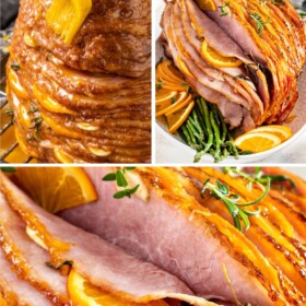 Brushing a spiral ham with an orange honey glaze and the baked ham with glaze on a serving platter.
