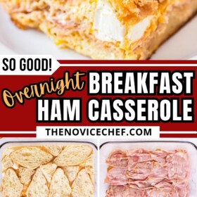 Overnight Breakfast Casserole with Ham on a plate and casserole being assembled in a 9x13 baking dish.