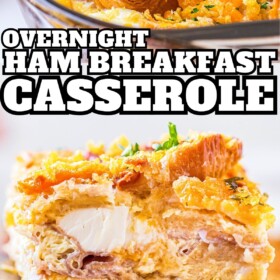 Overnight Ham Breakfast Casserole in a casserole dish and a slice of casserole being lifted out of casserole.