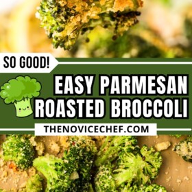 A fork picking up a piece of parmesan broccoli and broccoli before roasting on a baking sheet lined with parchment paper.