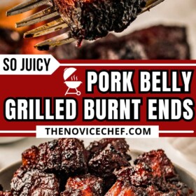 A fork lifting a bite of burnt ends off a plate and a plate filled with juicy grilled pork belly burnt ends.
