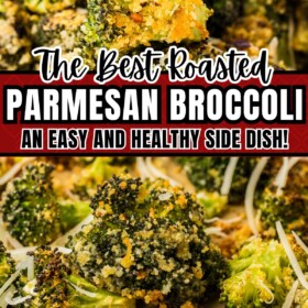 Roasted Broccoli with Parmesan on a baking sheet and topped with more shredded cheese.