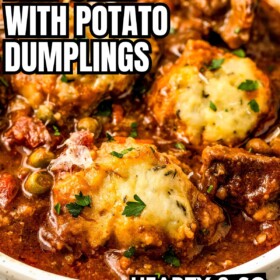 Crockpot beef stew with fluffy potato dumplings served in a bowl.