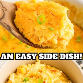 A wooden spoonful of corn pudding and a bowl of sweet corn casserole with sliced green onions on top.