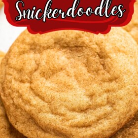 Chewy snickerdoodle cookies stacked on top of each other.