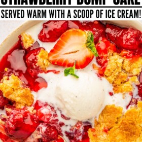 A scoop of vanilla ice cream on top of a serving of warm strawberry dump cake.